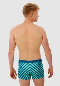 Un short de bain rayé bleu et teal avec une coupe ajustée. Fabriqué à partir d'un matériau lisse, avec une taille unie et un motif en chevron.