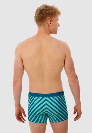 Blue and teal striped swim trunks with a snug fit. Made from smooth material, featuring a solid waistband and a chevron pattern.