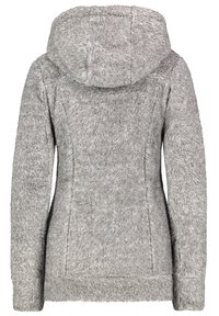 Faux fur grey hoodie jacket with a hood, textured fleece surface, side pockets, and ribbed cuffs, designed for comfort and warmth.