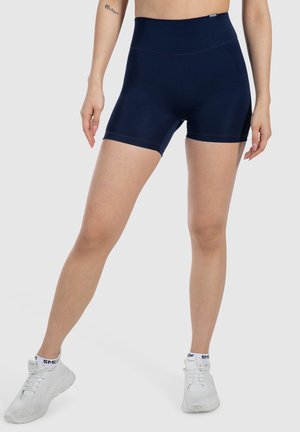 Marineblauwe hoge taille short gemaakt van rekbare stof, met een gladde textuur en minimale naden voor comfort en bewegingsvrijheid.