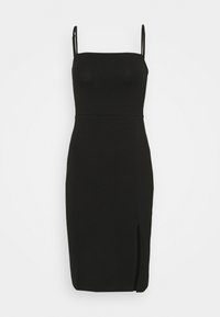 Schwarzes Bodycon-Kleid mit dünnen Trägern, einem taillierten Oberteil, einem seitlichen Schlitz und glattem Stoff. Minimalistisches Design und knielanger Schnitt.