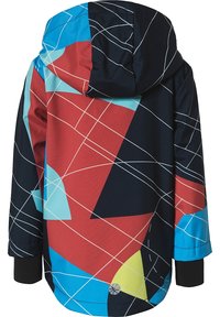 Hoodie med långa ärmar som har ett färgglatt geometriskt mönster i rött, blått, svart och gult med vita korsande linjer.