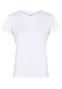 Hvid bomulds T-shirt med rund halsudskæring og korte ærmer, der har en glat tekstur og almindelig pasform. Ingen mønstre eller detaljer.