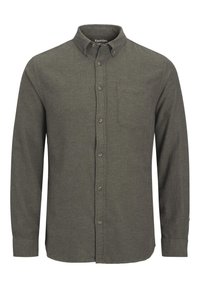 Camicia button-up di colore verde scuro, realizzata in tessuto morbido. Presenta una tasca sul petto, colletto e chiusure con bottoni lungo la parte anteriore e sui polsini.