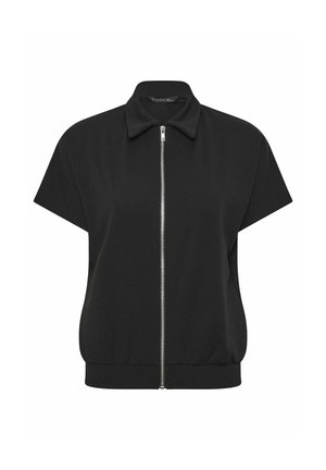 Schwarze Kurzarmjacke mit Frontreißverschluss, Kragen und tailliertem Bund, auf weißem Hintergrund dargestellt.