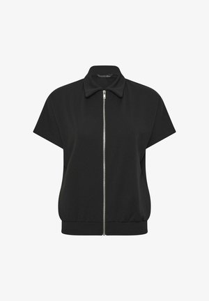 Giacca nera a maniche corte con zip frontale, collo e vita aderente, mostrata su sfondo bianco.