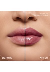 Lip comparison showing "before" on the left with light pink tone, and "after" on the right with darker, glossy mahogany mauve color.