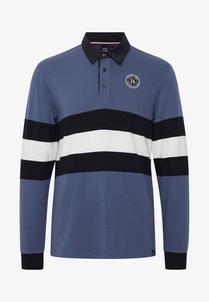 Long-sleeve polo shirt in blue with black and white horizontal stripes, featuring a black collar and a circular logo on the left chest.