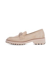 Beige suede loafers with a woven accent on the front. Thick, stacked sole with ridges and white stitching detail. Rounded toe design.