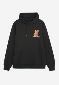 Zwarte hoodie met een voorzak, voorzien van een kleurrijke teddybeerafbeelding op de linkerborst. Het materiaal is zacht en gestructureerd.