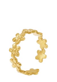 Goldfarbene Blumenring mit einer Reihe von strukturierten, blütenförmigen Motiven, einer glatten Innenfläche und einem offenen Banddesign.