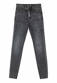 Černé skinny džíny vyrobené z denimu, s vysokým pasem, pěti kapsami a roztrhanými lemy. Materiál má mírně vybledlý vzhled.