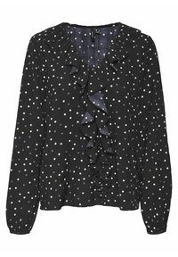 Schwarze Bluse mit weißen und lila Polka-Dots, Rüscheneinsatz an der Vorderseite, langen Ärmeln und rundem Halsausschnitt. Hergestellt aus leichtem Stoff.