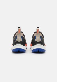Black and gray athletic sneakers with blue and orange accents, textured soles, and pull tabs at the back. Designed for comfort and performance.