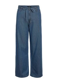 Pantaloni de blugi albaștri, cu picioare largi, talie elastică și șnur cu fundă în partea din față.