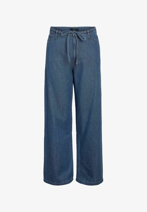 Mėlyni platėjančių kojų džinsai su elastine juosmens dalimi ir priekine raišteliu.