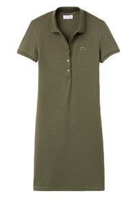 Sukienka polo w kolorze oliwkowym wykonana z miękkiej bawełny. Posiada kołnierzyk, krótkie rękawy, zapięcie na trzy guziki oraz małe logo.