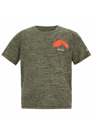 Short-sleeve, olive green heathered t-shirt with orange mountain graphic and "Regatta Great Outdoors" logo on chest and sleeve.