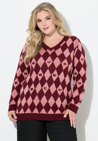 Maglione argyle prugna e rosa con scollatura a V, caratterizzato da accenti a forma di cuore in paillettes sui motivi a rombo e con polsini e orlo a coste.