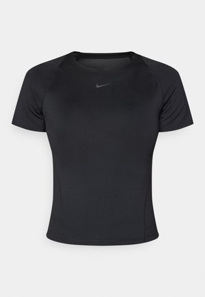 Black athletic t-shirt with short sleeves, seamless design, and a discreet Nike logo on the chest. Made from stretchy, moisture-wicking fabric.