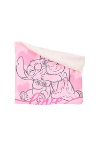 Roze dekentje met een zachte witte fleece onderkant, met een ontwerp van twee cartoonfiguren die elkaar omarmen en de tekst "liefde".