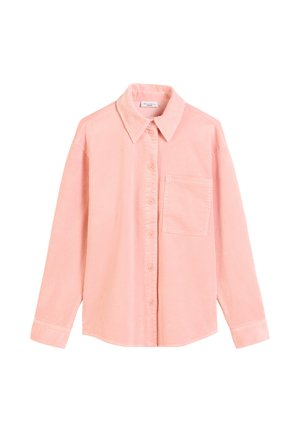 Różowa koszula sztruksowa z kołnierzykiem, zapinana na guziki z przodu i jednym kieszonką na piersi. Charakteryzuje się widoczną prążkowan�ą fakturą i długimi rękawami.