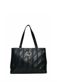 Borsa tote in pelle trapuntata nera con motivo a diamante, doppie cinghie e dettaglio a catena in metallo dorato sulla parte anteriore.