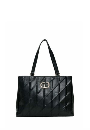 Borsa tote in pelle trapuntata nera con motivo a diamante, doppie cinghie e dettaglio a catena in metallo dorato sulla parte anteriore.