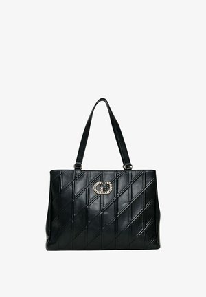 Borsa tote in pelle trapuntata nera con motivo a diamante, doppie cinghie e dettaglio a catena in metallo dorato sulla parte anteriore.