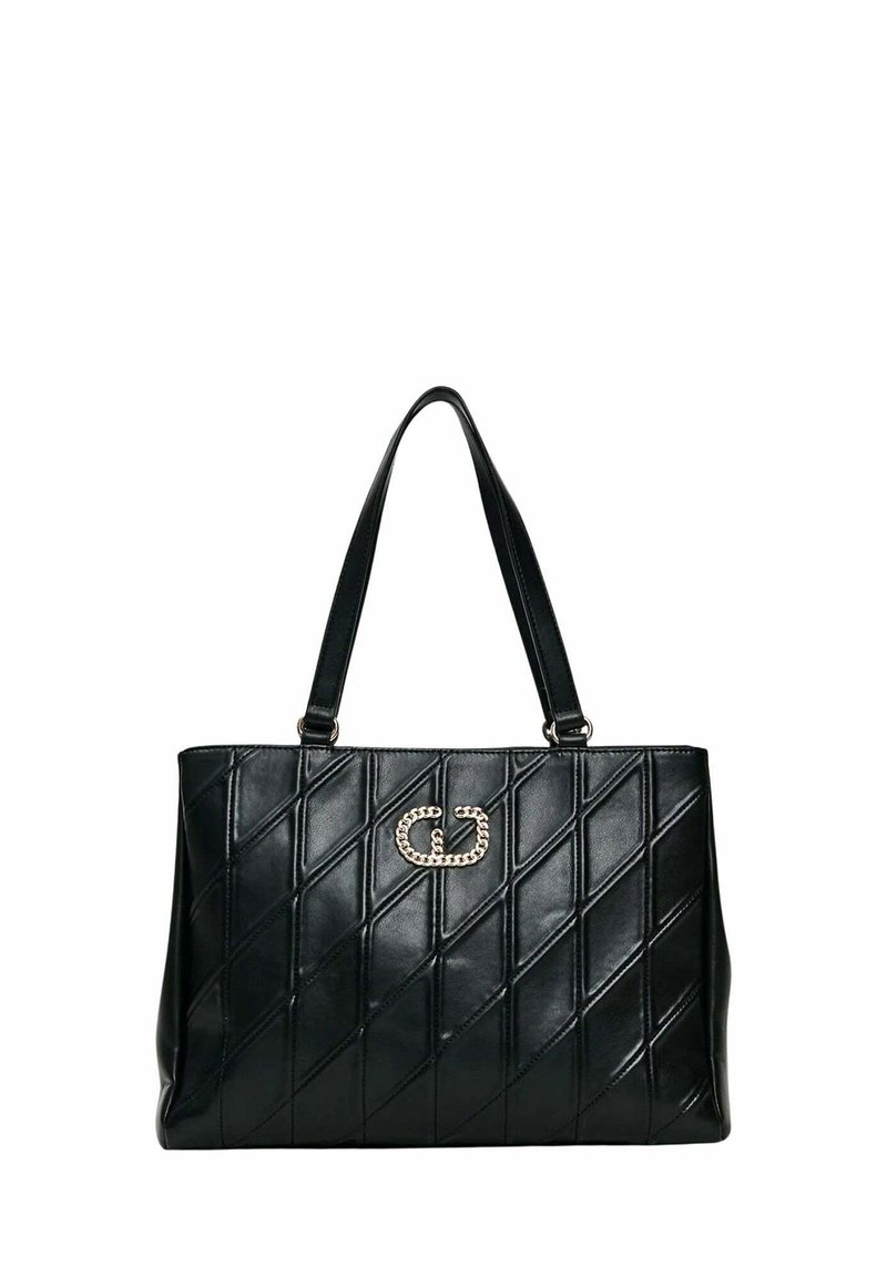 Borsa tote in pelle trapuntata nera con motivo a diamante, doppie cinghie e dettaglio a catena in metallo dorato sulla parte anteriore.