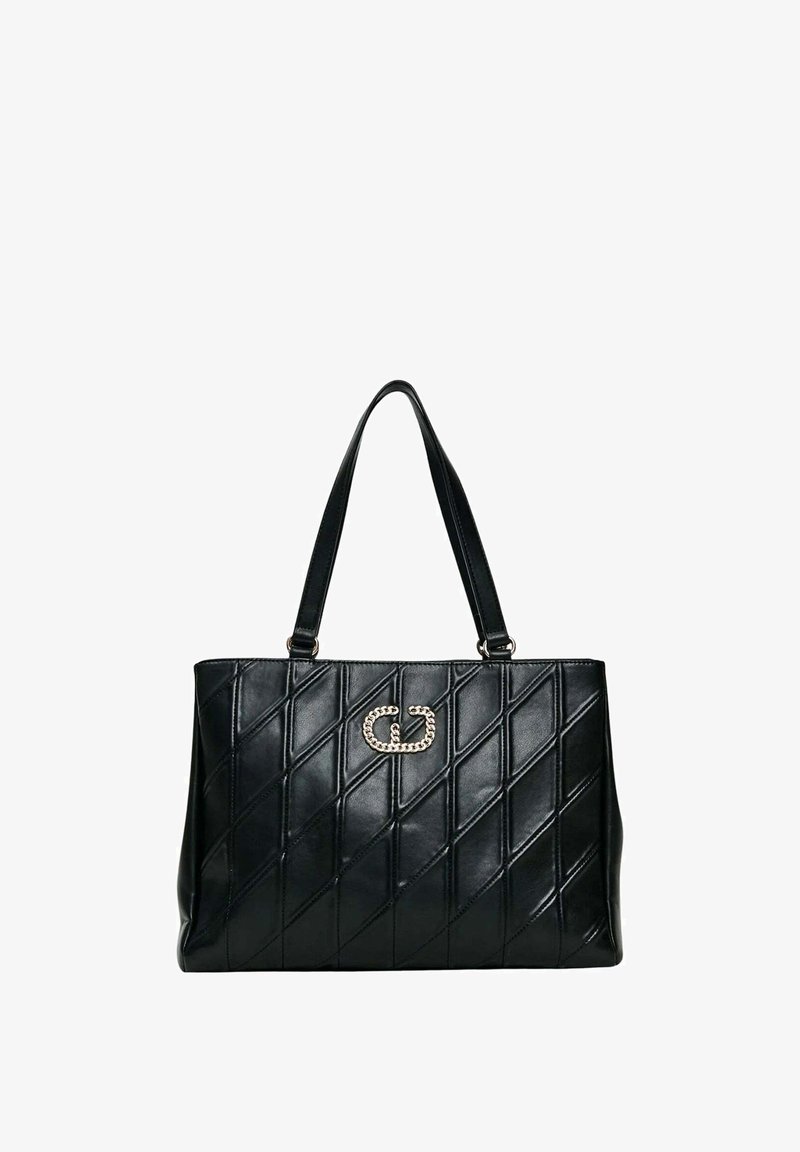 Borsa tote in pelle trapuntata nera con motivo a diamante, doppie cinghie e dettaglio a catena in metallo dorato sulla parte anteriore.