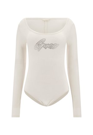 Body a maniche lunghe in tessuto crema con scollatura rotonda e logo in strass in corsivo sul petto. Texture liscia, design aderente.