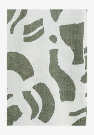 Valge kangas abstraktsete roheliste pintslitõmbe mustritega, millel on nii kaardus kui ka sirged kujundid ning pehme, tekstuurse viimistlusega.