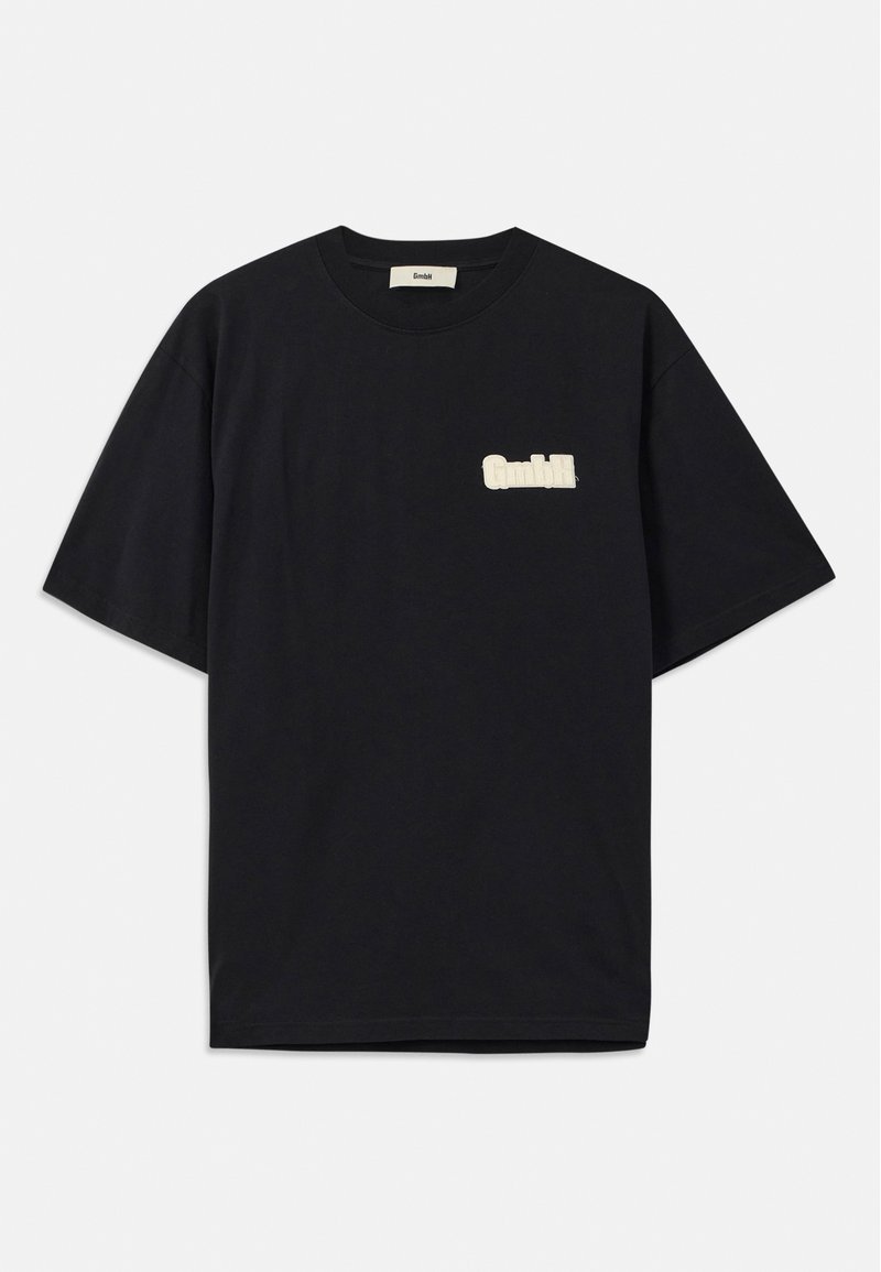 Sort bomulds T-shirt med korte ærmer, med et hvidt broderet logo på venstre side og design med rund hals.