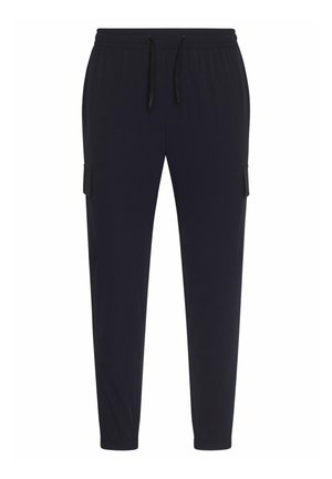 Sorte joggingbukser lavet af et blødt, strækbart stof. Har en elastisk talje, snørebånd og to sidelommer.