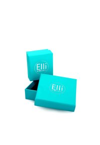 Türkise Schmuckschatulle mit glänzender Oberfläche, quadratischer Form und einem weißen Logo mit der Aufschrift "Elli WE ♥ JEWELS" auf der Vorderseite. Enthält einen abnehmbaren Deckel.