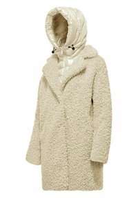 Cappotto beige con texture, dotato di un esterno soffice e di un cappuccio trapuntato e lucido. Presenta una chiusura con bottoni e tasche laterali.