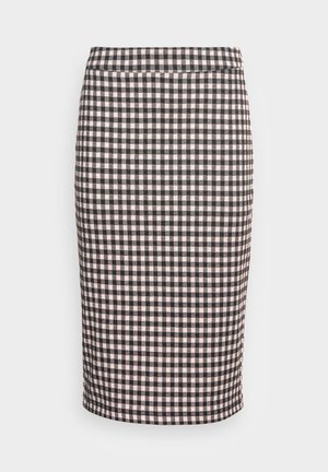 Olovka suknja visokog struka s crno-ružičastim šahovskim uzorkom, dužine do koljena s ravnim rubom na bijeloj pozadini.