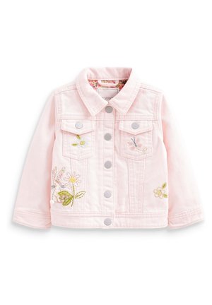 Różowa dżinsowa kurtka z dwiema przednimi kieszeniami, srebrnymi guzikami i haftem kwiatowym przedstawiającym królika oraz kwiaty z przodu.
