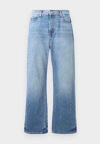 Jeans de mezclilla azul claro con un diseño de pierna recta, acabado desgastado, estilo de cinco bolsillos y costura contrastante. Detalles de dobladillo desgastado.