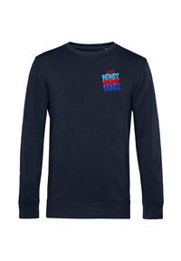 Felpa a maniche lunghe blu navy realizzata in tessuto morbido, con un design di testo colorato sul petto in rosso e blu. Collo a giro e polsini a costine.