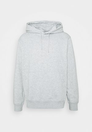 Grijze hoodie van een katoenmix, met een trekkoordkap, kangoeroe-inzet, ribgebreide manchetten en onderrand, en een zachte textuur.