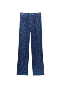 Pantalon large bleu marine entièrement couvert de petites paillettes scintillantes, avec une ceinture élastique et un ourlet droit.