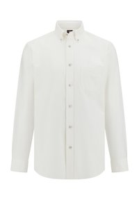 Vit långärmad skjorta med knappar som har en klassisk krage, en enda bröstficka och ett mjukt, strukturerat tyg.
