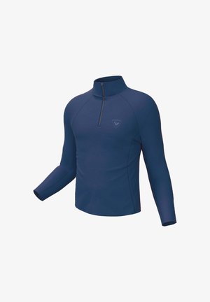 Pullover blu navy con maniche lunghe, colletto alto e zip a un quarto. Presenta maniche raglan e un logo sottile sul petto. Texture morbida.