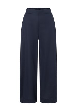 Pantalon large bleu marine foncé avec taille élastique et ourlet droit, conçu pour une coupe décontractée et confortable.