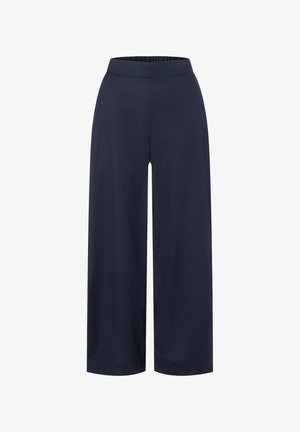 Pantalon large bleu marine foncé avec taille élastique et ourlet droit, conçu pour une coupe décontractée et confortable.