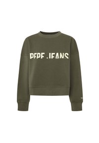 Sudadera verde oliva con cuello redondo, que presenta el texto "PEPE .JEANS" en crema en negrita. Los puños y el dobladillo acanalados aportan textura. Corte clásico.