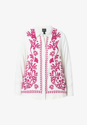 Camicia bianca con bottoni, caratterizzata da un vivace ricamo floreale magenta lungo la parte anteriore e le maniche, con colletto classico e orlo dritto.