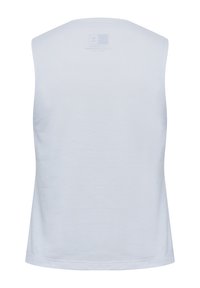 White sleeveless top with a textured fabric, rounded neckline, and a straight hem. Features a tag with care instructions at the back.